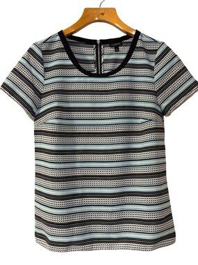 Talbots Striped Blouse Womens Size 6 Blue Black White Short Sleeve Dots Classic
